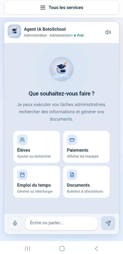 Interface mobile BotoSchool — Agent IA administratif sur smartphone