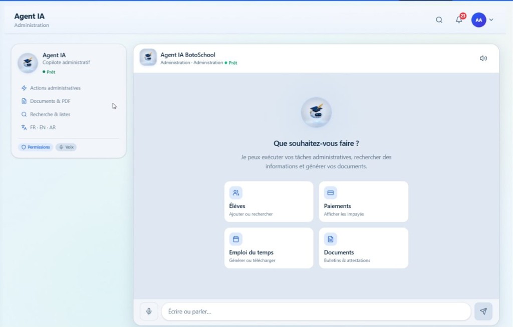 Interface ordinateur BotoSchool — Agent IA administratif en mode bureau